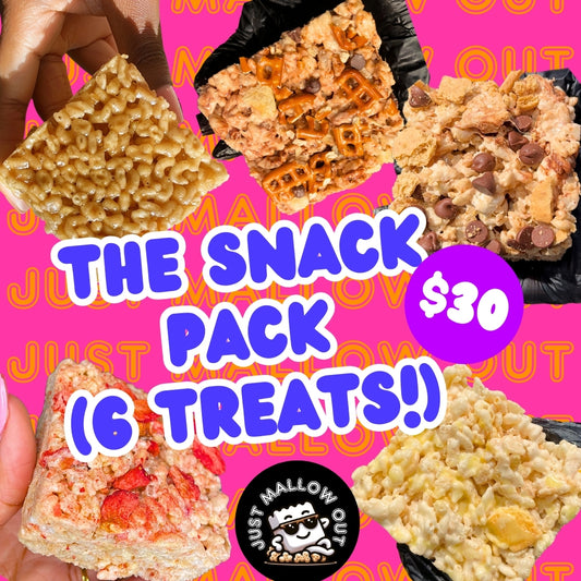 The image is a vibrant advertisement for "THE SNACK PACK," a sampler of Rice Krispies treats priced at $30. It displays a collage of different flavored treats, including original, s'mores, strawberry, and others, each held by a hand against a bright background. The "JUST MALLOW OUT" logo is present along with the product name in bold, colorful lettering, emphasizing the variety and fun of the pack.