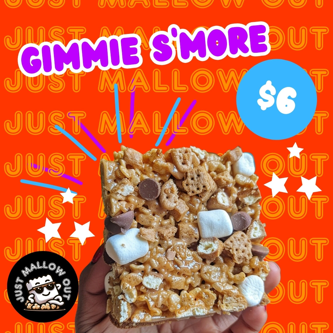 The image presents a colorful advertisement for "GIMMIE S'MORE" Rice Krispies treat, priced at $6. The treat is held up against a vivid orange background, with the "JUST MALLOW OUT" slogan in a playful font. It's topped with marshmallows, chocolate pieces, and golden cereal, resembling a classic s'mores flavor combination. Bright design accents enhance the treat's visual appeal.