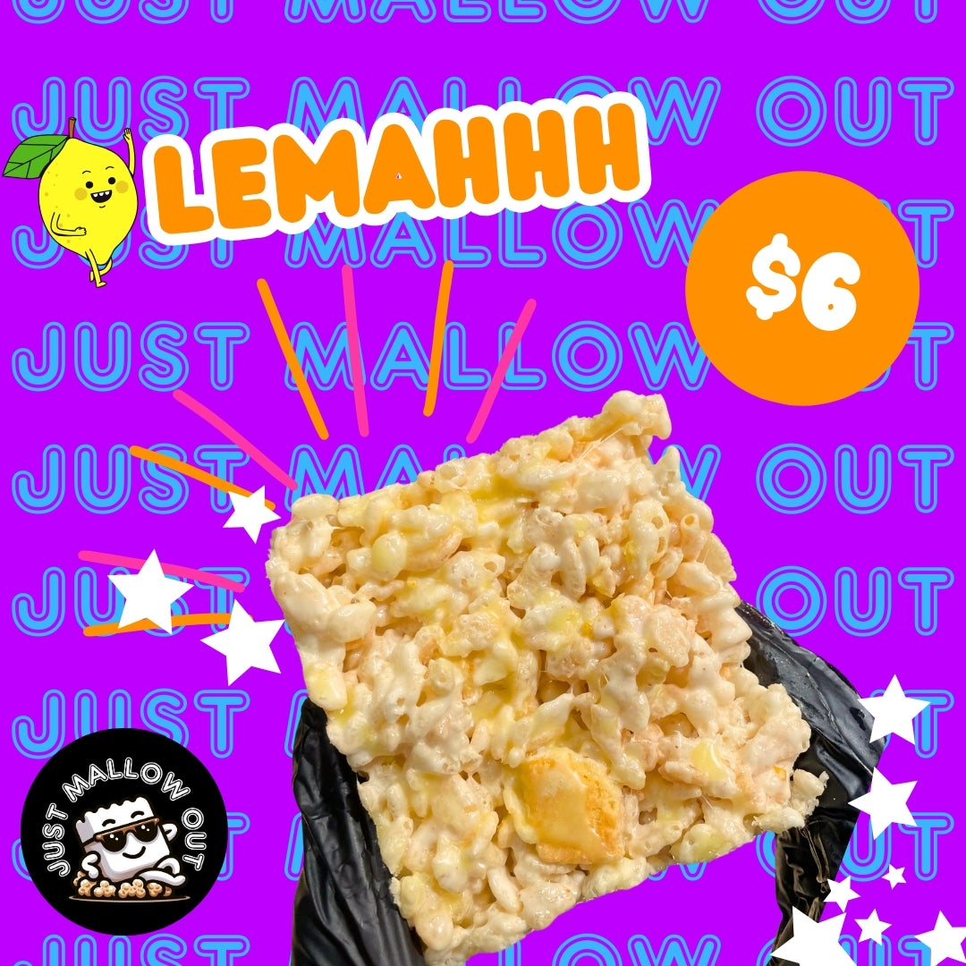 The image presents a zesty "LEMAHHHH" Rice Krispies treat, infused with chunky lemon cookie pieces and drizzled with tangy lemon icing. Priced at $6, it's showcased against a vivid purple backdrop, with the "JUST MALLOW OUT" slogan playfully arranged around it. The treat exudes a citrusy appeal, highlighted by the lemon-themed graphics and lively design accents.